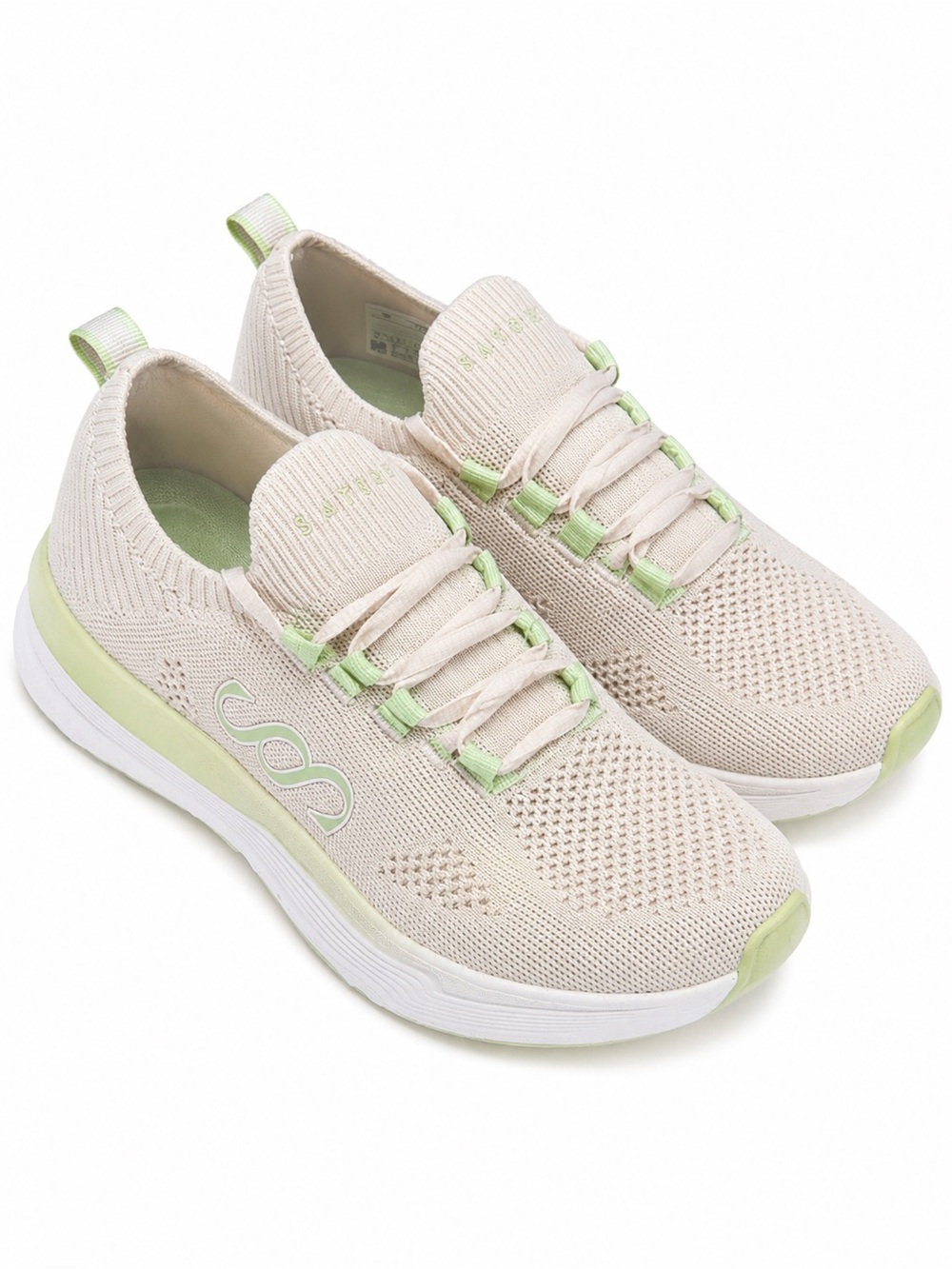 Light Beige Knit Slip-On Sneakers with Mint Accents - Women